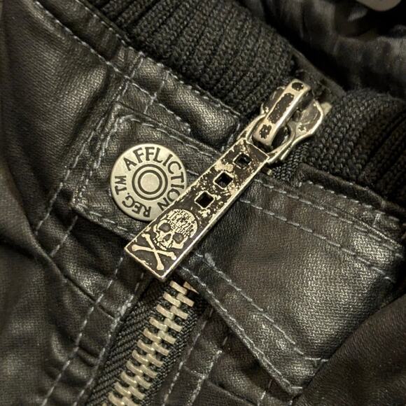 AFFLICTION Black Premium 73 Vegan Leather Zip Up Moto Jacket Zipper Pockets L - Picture 7 of 11